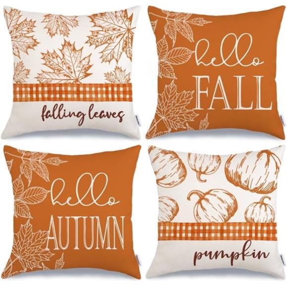 Fall Pillow Covers 18x18 Set of 4for Fall Decor BuffaloPlaid Pumpkin MapleLeaves - Picture 1 of 5